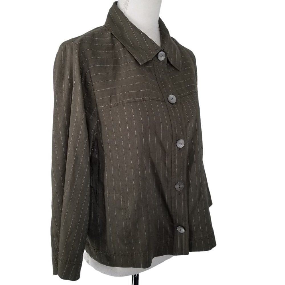 NEW Worth New York Olive Green Pinstriped Button Down Crop Linen Blend B…